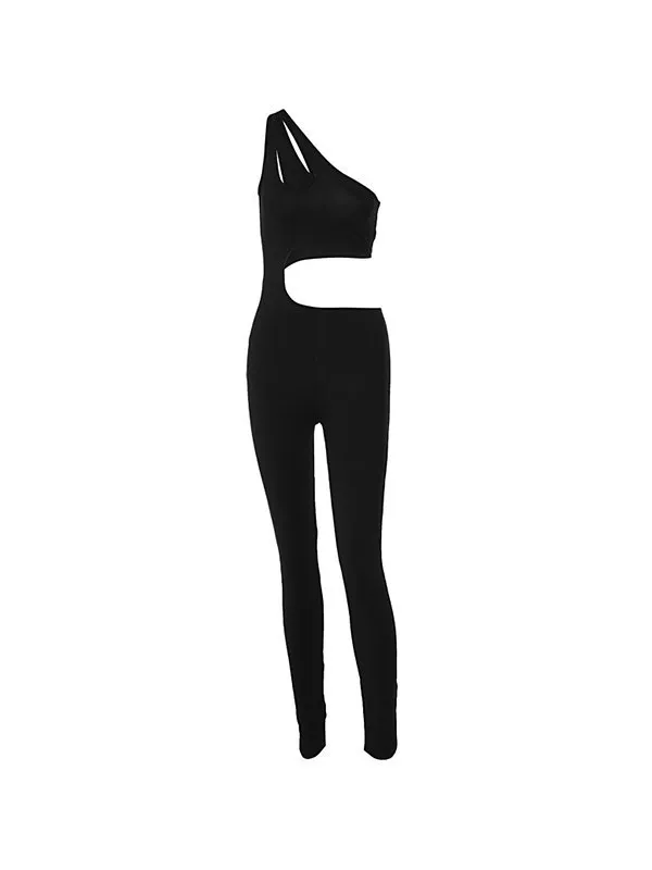 Schwarzer, figurbetonter Jumpsuit mit One-Shoulder-Ausschnitt